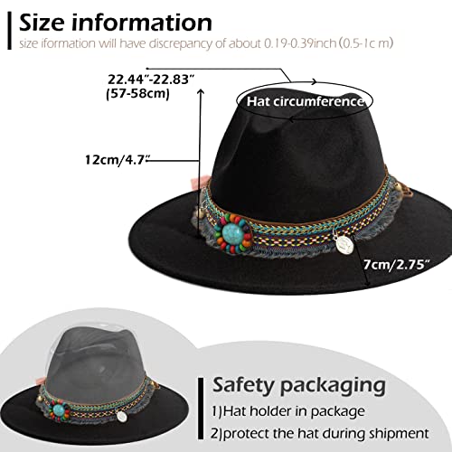 Women's Felt Fedora Hat Wide Brim Panama Hats with Tassel - color: Z Belt Black
