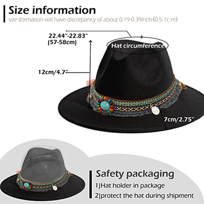 Women's Felt Fedora Hat Wide Brim Panama Hats with Tassel - color: Z Belt Black