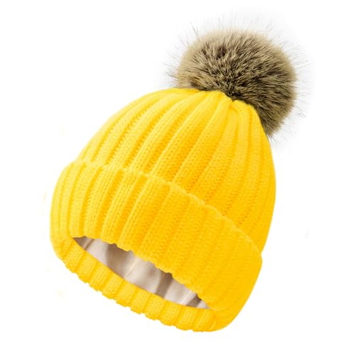 Zando Women's Satin Lined Beanie with Faux Fur Pom Pom - color: Yellow