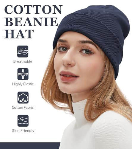 100% Cotton Beanies for Men Women Unisex Cuffed Knitted Skull Cap - color: Navy Blue