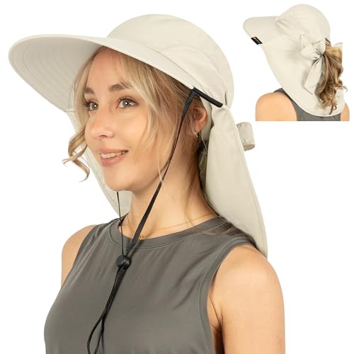 SUN CUBE Wide Brim Sun Hat with Neck Flap for Men Women, UPF50+ Fishing - color: Beige With Bow