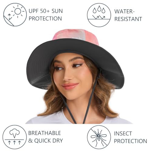 BASSDASH UPF 50+ Mosquito Sun Hat with Hidden Head Net and Neck Flap for Men Women Outdoor Fishing Hiking Camping - color: Rosy Clouds