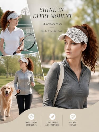 Women Shiny Rhinestone Bling Sun Visor Adjustable Tennis Beach Ponytail Hat - color: White Hat+sliver Rhinestone