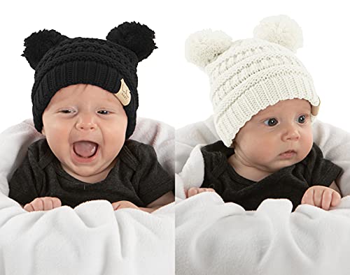 Funky Junque Double Pom Pom Baby Beanie – Newborn Girl Winter Hat 0–12 Months, Cute Cozy Knit Infant Beanies for Cold Weather - color: 2 Pack - Black & Ivory - Double Pom