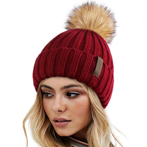 FURTALK Womens Winter Knitted Beanie Hat with Faux Fur Pom Warm Knit Skull Cap Beanie for Women - color: Wine Red