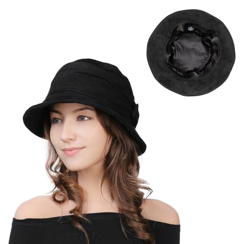 Comhats Womens 1920s Vintage Cloche Bucket Hat,Packable,Floppy,Winter,Party - color: Black(satin), size: Large