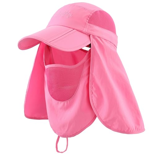 Connectyle Men's Foldable Baseball Sun Cap with Removable Face Mask Neck Flap Cover UPF 50+ Sun Protection Fishing Hiking Hat - color: Rose