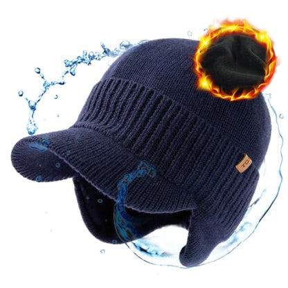 TOP-EX DryKnit™ 80% Merino Wool Waterproof Warm Brim Beanie with Ear Flaps - color: Navy (Waterproof), size: Medium-Large