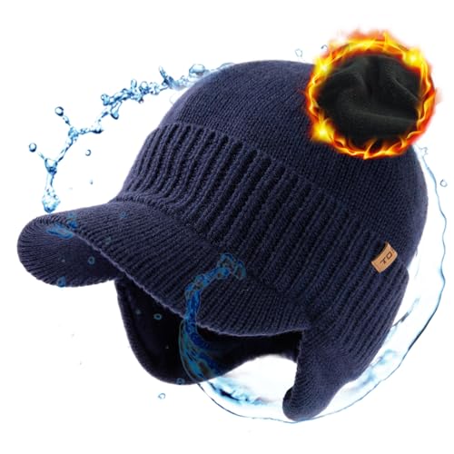 TOP-EX DryKnit™ 80% Merino Wool Waterproof Warm Brim Beanie with Ear Flaps - color: Navy (Waterproof), size: Medium-Large