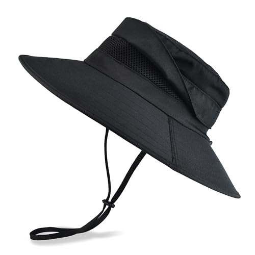 Men's UPF 50+ Waterproof Wide Brim Boonie Hat, Sun & Rain Protection - color: Black