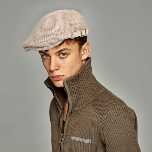 meioro Mens Breathable Mesh Summer Hat Adjustable Flat Cap Newsboy Beret Ivy Cap Irish Cabbie Fishing Hats - color: Khaki+light Grey