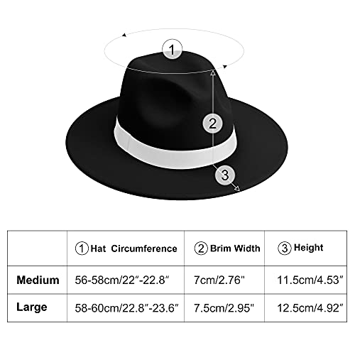 KUJUHA Fedora Hats for Mens/Womens Felt FedoraHats Two Tone Wide Brim Fedora Hats Rancher Hat - color: Black/White -White, size: Small-Medium
