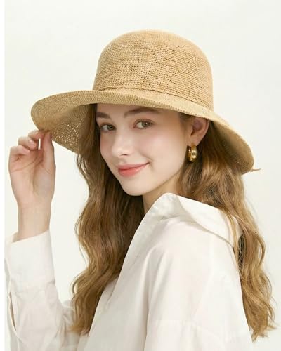 Women Straw Bucket Hat Natural Raffia Woven Sun Hat Foldable Wide Brim Summer Beach Travel Cap for Ladies - color: Brim 3.9"