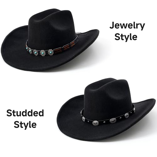 Western Cowboy Hat for Women, Shapable Wide Brim Felt Cowgirl Hat with 2 Bands for Party Festival - color: Black