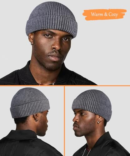 Heniho Wool Fleece Lined Fisherman Beanie for Men, Winter Warm Hats Cuffed Knit Watch Cap Trawler Hat - color: 1pack B- Grey