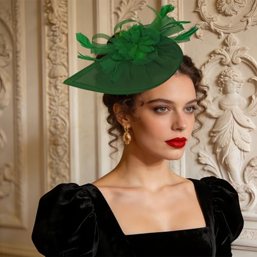 Women Vintage Fascinator Hat Flower Feather Mesh Headband Clip Pillbox Headwear for Wedding Tea Party - color: 01 Green