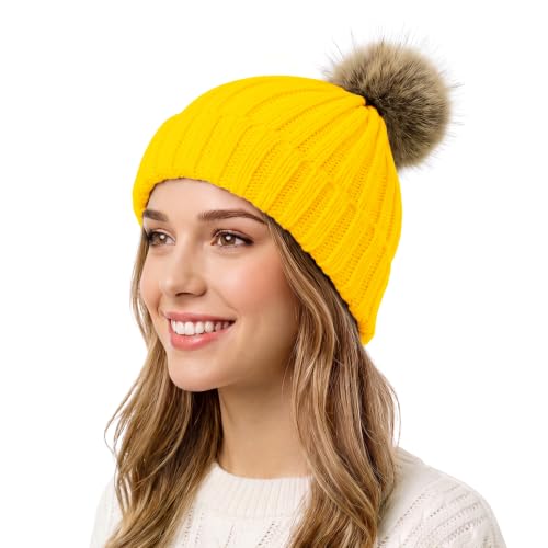Satin Lined Beanie for Women with Detachable Pom Pom, Winter Cuffed Hat - color: Yellow