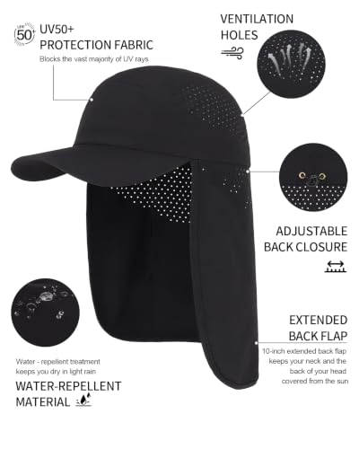 UPF 50+ Baseball Cap with Neck Flap, Breathable Fishing Hat for Men Adjustable Sun Hat for Golf Hiking - color: Black