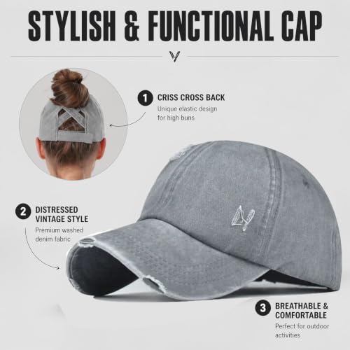 2 Packs Womens Criss‑Cross High Ponytail Trucker Hat, Cotton Vintage Washed Distressed Adjustable Baseball Cap - color: 2pcs 22