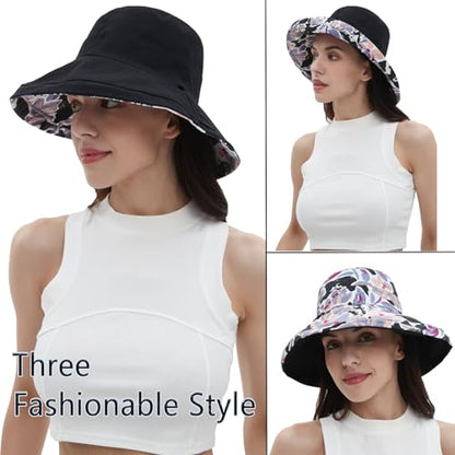 vidsel Womens Sun Hats Wide Brim Reversible Bucket Cotton Hat with Hat Clip - color: Black, size: Medium