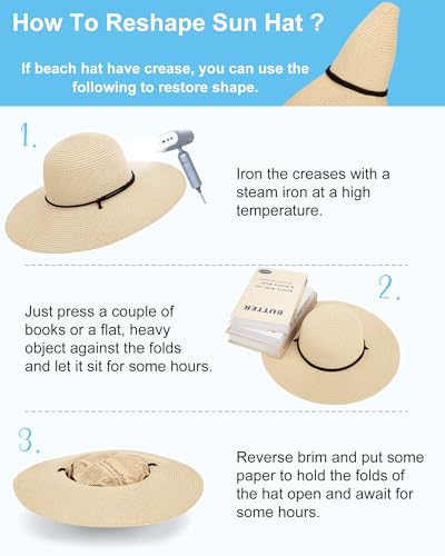 Sun Hats for Women, Summer Wide Brim Straw Beach Hat - color: Beige Khaki, size: X-Large