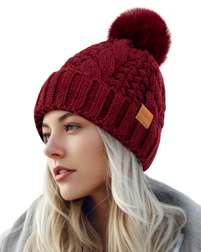 Women's Winter Pompom Beanie Warm and Cozy Knit Hat Fleece Lining Skull Cap for Women - color: Wine Red