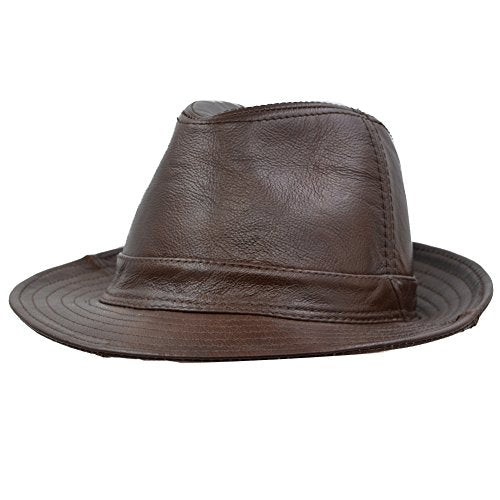 Men & Women's Cowhide Jazz Hat Short Brim Leather Fedora Hat - color: Brown, size: Medium