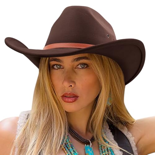 AQOKKA Western Cowboy Hats for Women Classic Felt Wide Brim Fedora Hat with Belt Buckle Retro Panama Hat Unisex Rolled up Cap - color: K-fedora Hat : Coffee, size: Medium