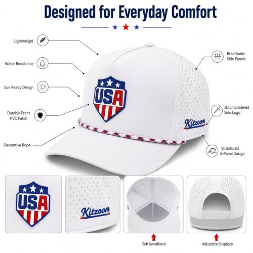 Patriotic Golf Rope Hat for Men, 5 Panel Adjustable Snapback Outdoor Cap - color: White