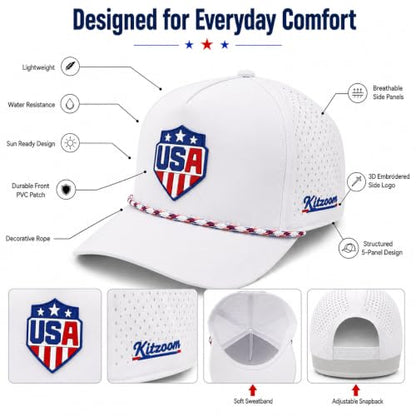 Patriotic Golf Rope Hat for Men, 5 Panel Adjustable Snapback Outdoor Cap - color: White