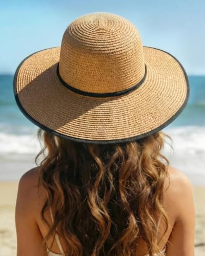 Sun Hats for Women, Summer Wide Brim Straw Beach Hat - color: Khaki Black, size: Large