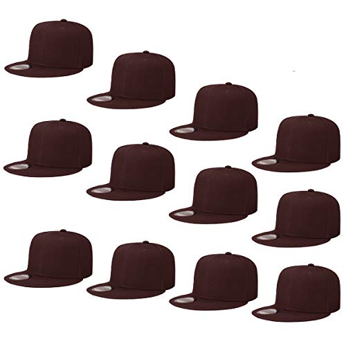 Falari Wholesale 12 Pack Snapback Hat Cap Hip Hop Style Flat Bill Blank Solid Color Adjustable Size - color: 12-pack Brown