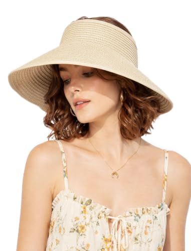 CHUNG Women Straw Sun Visors Wide Brim Ladies Beach Hat Open Top Ponytail Packable Vacation Summer Travel - color: E-beige
