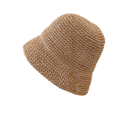 Women's Straw Bucket Hat Summer Mesh Woven Sun Beach Hat Foldable Fisherman Caps Hats - color: Khaki