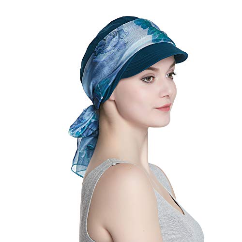 Alnorm Breathable Cotton Hat and Scarf Set Chemo Headwear for Women - color: Blue Floral