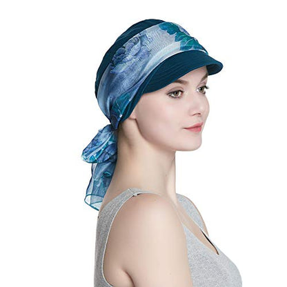 Alnorm Breathable Cotton Hat and Scarf Set Chemo Headwear for Women - color: Blue Floral