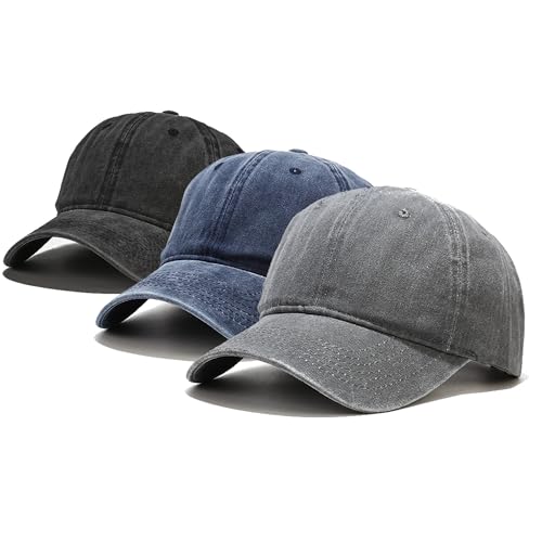 Baseball Cap 3 Pack, Vintage Distressed Cotton Dad Hats for Women Men - color: Black, Dark Blue, Light Grey