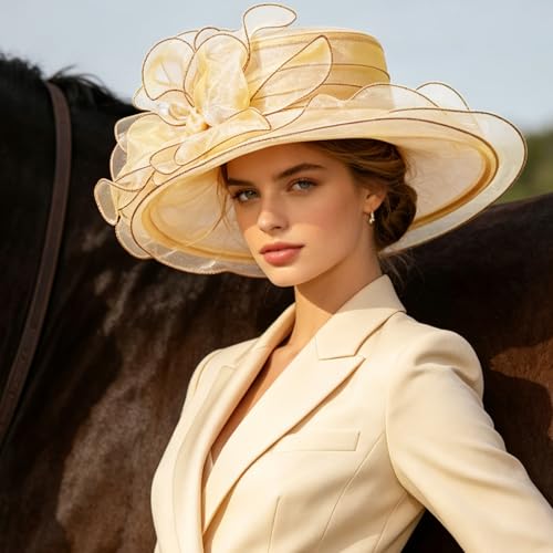 DRESHOW Women Organza Hat Church Cap Hats Clearance Kentucky Derby Cocktail Tea Party Wedding Flower Hat with Wide Brim - color: Bow Hat: Khaki