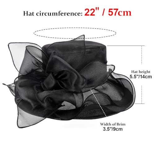 AQOKKA Women Organza Church Fascinators Kentucky Derby Hats for Women and Girls Wedding Flower Tea Party Hat with Wide Brim - color: Organza Big Bow : Black