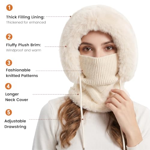 Winter 3 in 1 Beanie Hat with Scarf and Mask, Plush Face Beige