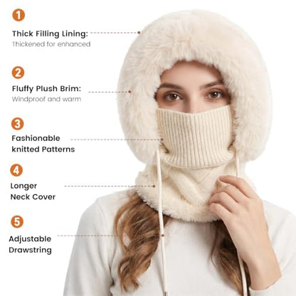 Winter 3 in 1 Beanie Hat with Scarf and Mask, Plush Face Beige