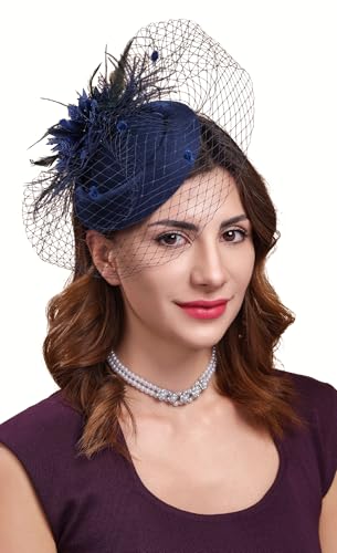 Fascinators Hats for Women Pillbox Hat 20s 30s 50s Vintage Feather Headwear Bowler Flower Veil Wedding Tea Party Hat - color: X-navy