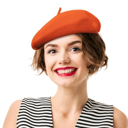 French Beret Hats for Women - Soft Warm Wool Solid Color Beanie Winter Cap - color: Orange