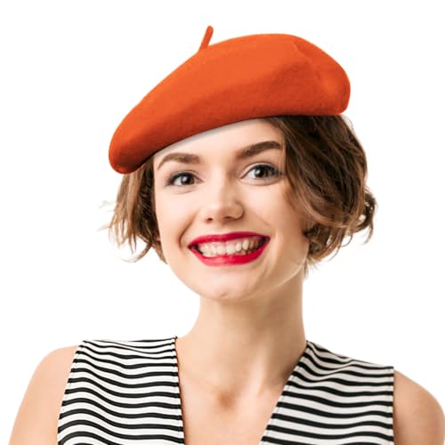 French Beret Hats for Women - Soft Warm Wool Solid Color Beanie Winter Cap - color: Orange
