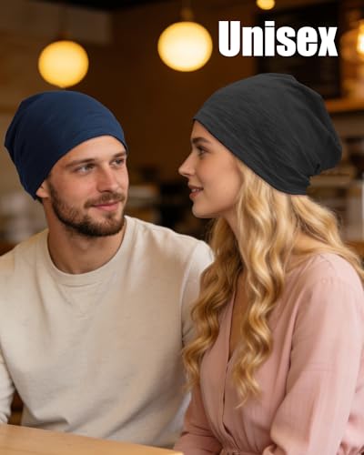 100% Cotton Thin Summer Slouchy Beanie Hat for Women Men Chemo Cap - color: 2pcs Black+ Navy Blue, size: Large