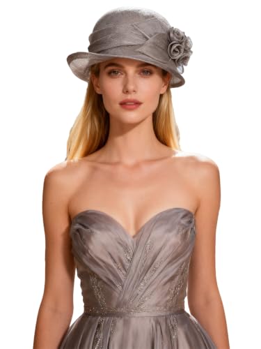 HIMESPORT Retro Sinamay Veil Flower Bride Wedding Fascinator Hat Feather Bowler Hat Hair Accessory Banquet Cocktail Party - color: Gray