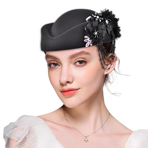 Women's Retro Stewardess Felt Hat, British Berets, Rhinestone Flower Decor, Ladies' Church Derby Hat - color: Tassel Style-black