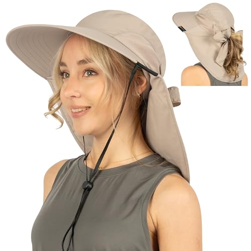SUN CUBE Wide Brim Sun Hat with Neck Flap for Men Women, UPF50+ Fishing - color: Tan With Bow