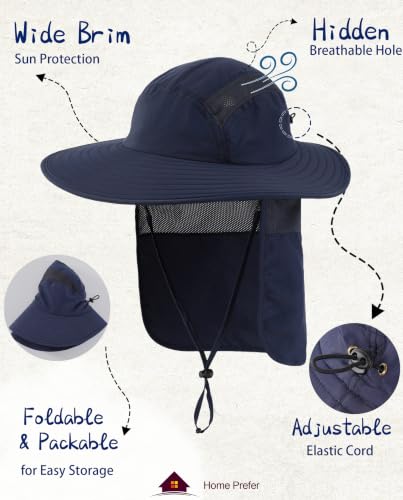 Home Prefer UPF 50+ Sun Hat with Neck Flap Wide Brim Fishing Hat for Men - color: Navy Blue