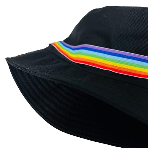 Pride Unisex Bucket Hat Reversible Double-Side-Wear Packable for Travel, Outdoors, and Beach - color: Black With Rainbow Band
